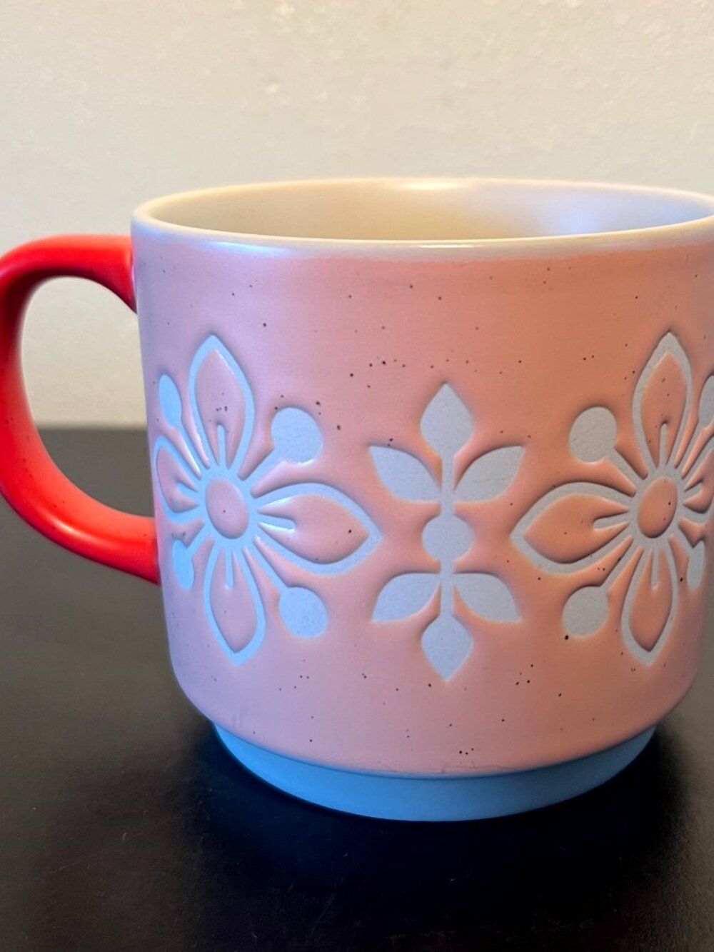 Transpac Pink Stoneware Mug Incised Floral Leaf Embossed Wide Mouth Cup 18oz